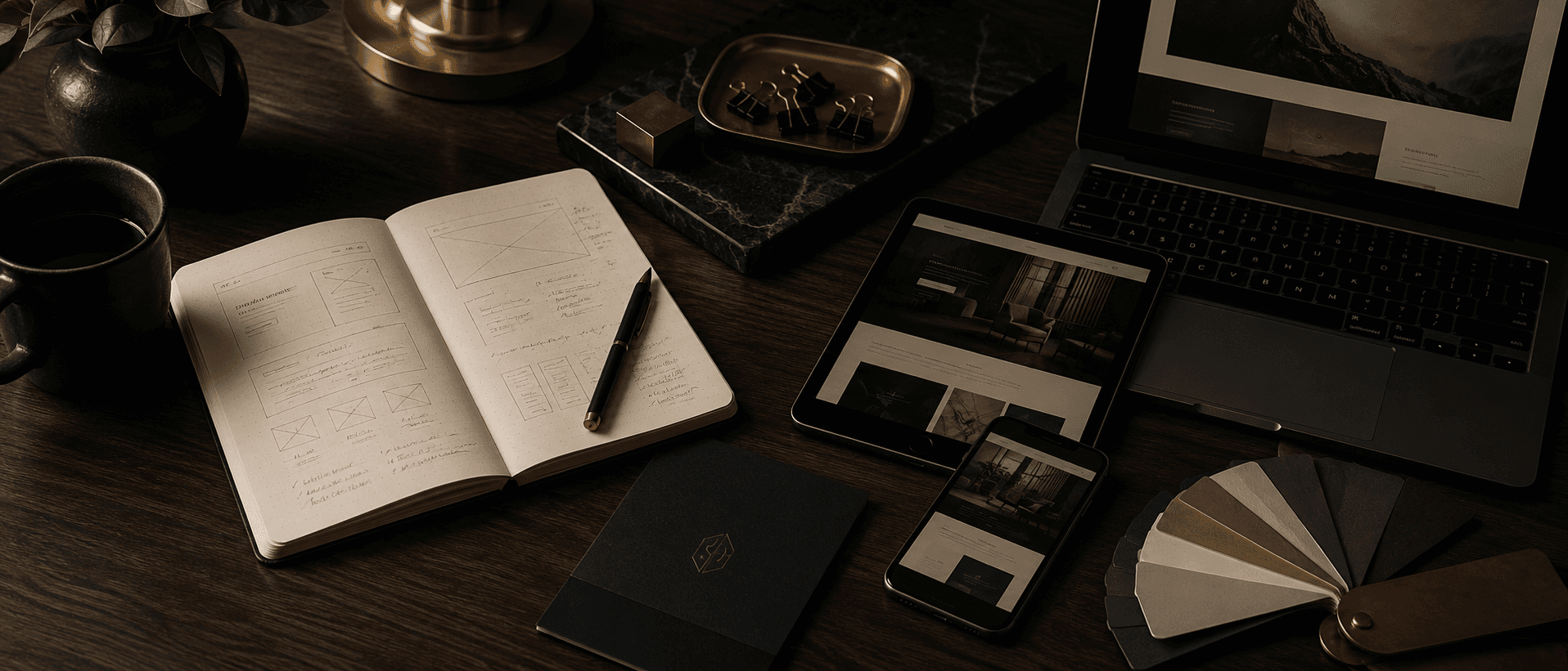 Wireframes, notebooks, and devices laid out on a dark desk during the design process