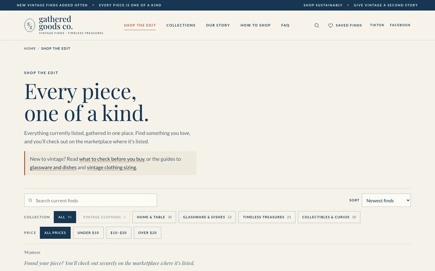 The Gathered Goods Shop page with search, collection filters, price filters, and sorting