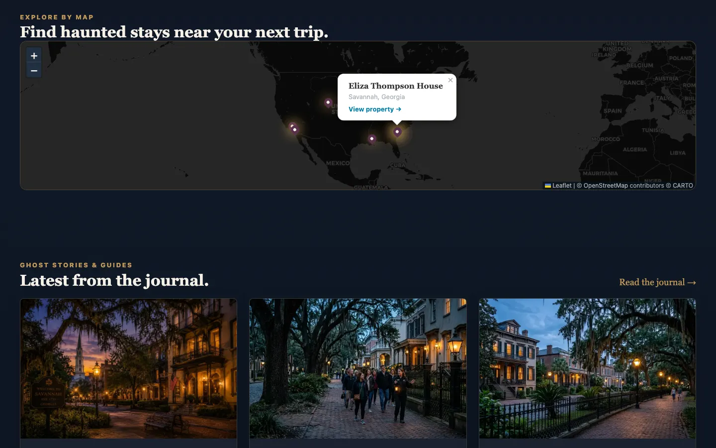Hauntly's Explore by Map section: haunted stays pinned across the United States, with a popup for Eliza Thompson House in Savannah linking to its guide, and the latest Journal articles below