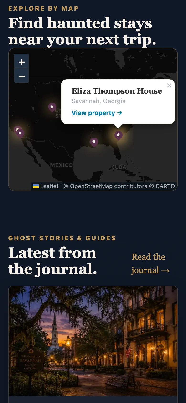 Hauntly's Explore by Map section on a phone, with the Eliza Thompson House popup open and a View property link