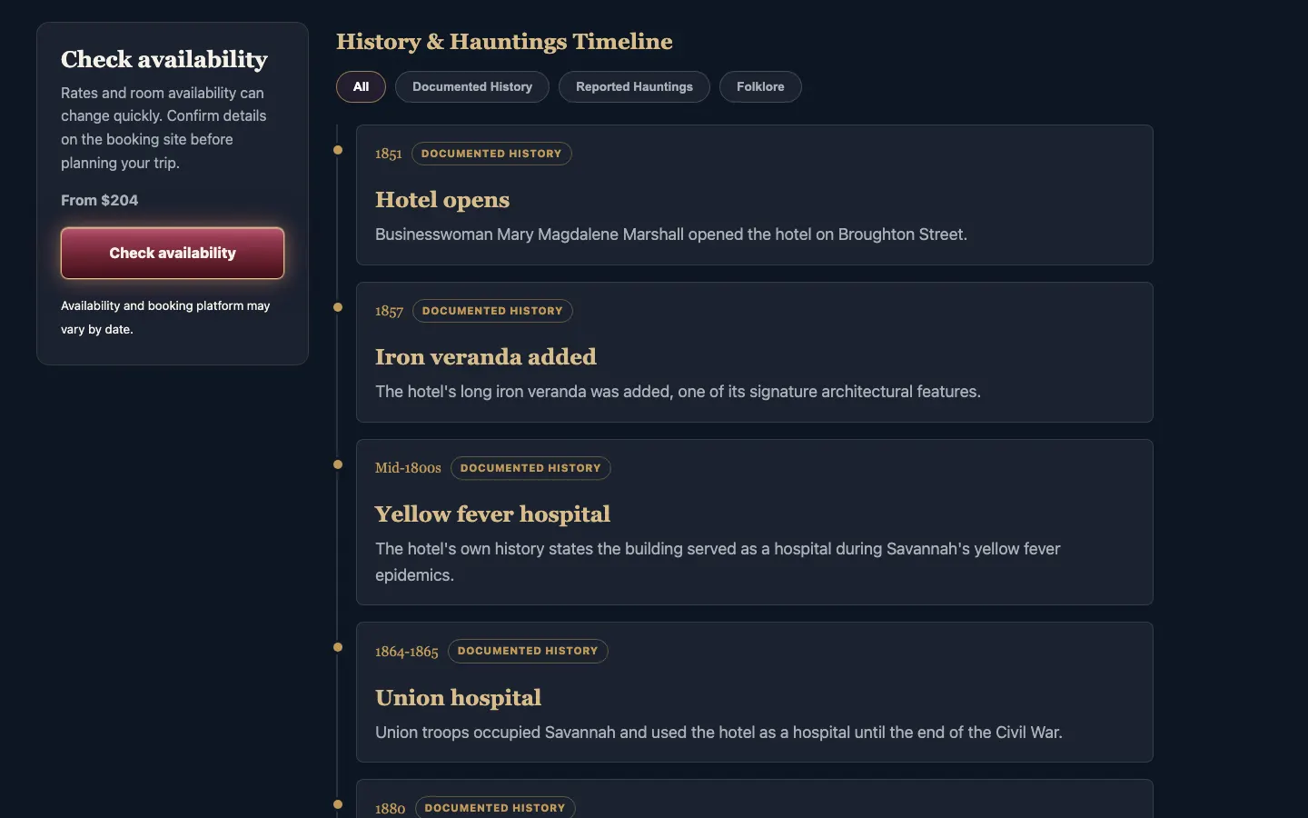 The History & Hauntings Timeline on The Marshall House page, with filters for Documented History, Reported Hauntings, and Folklore, beside a Check Availability panel
