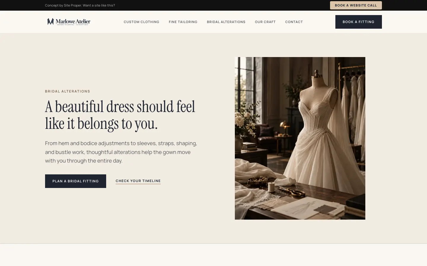 The Marlowe Atelier Bridal Alterations concept page, with the headline 'A beautiful dress should feel like it belongs to you'
