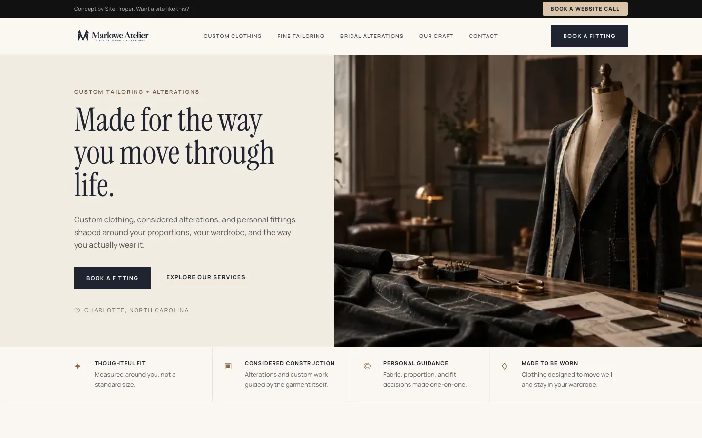 Marlowe Atelier concept homepage: the headline 'Made for the way you move through life' with a Book a Fitting button