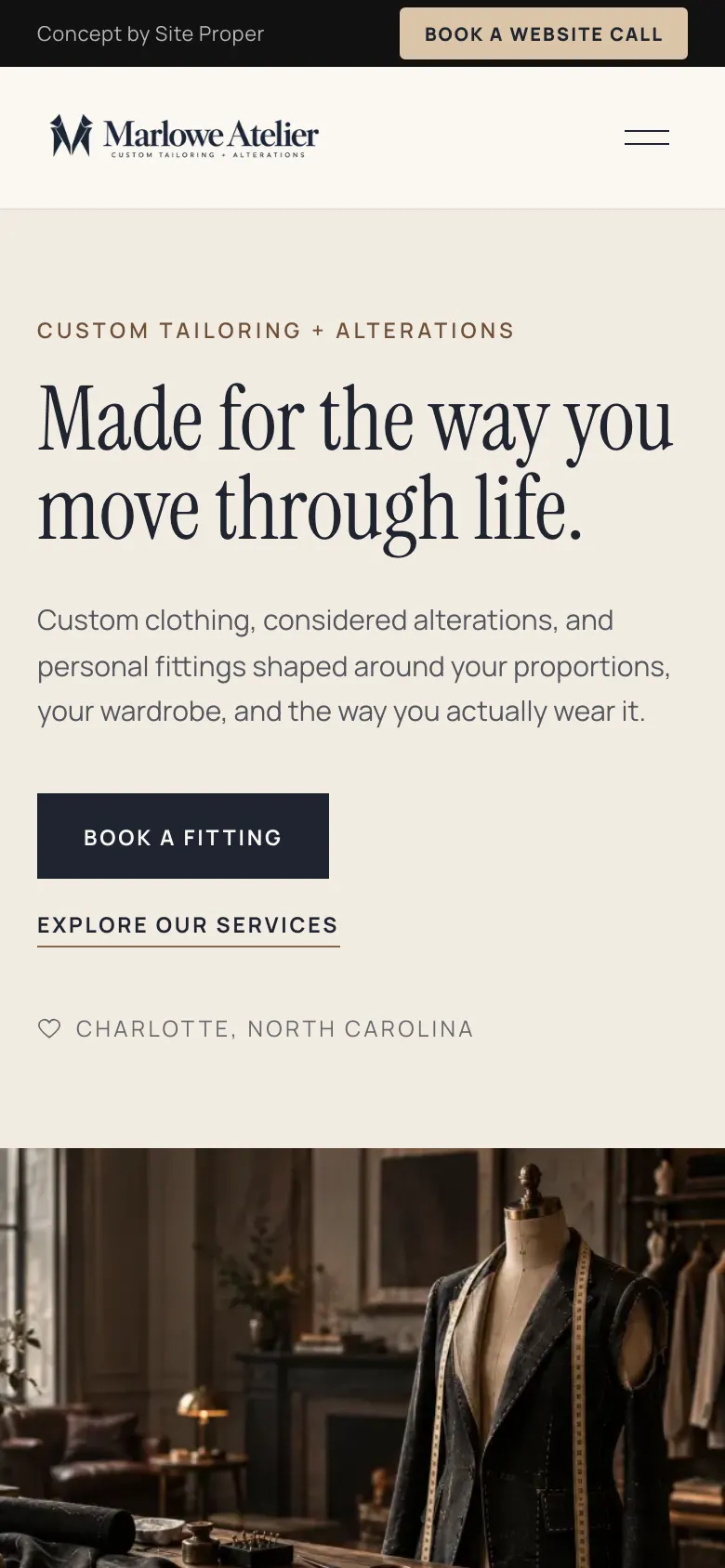 Marlowe Atelier concept homepage on a phone, with the headline, Book a Fitting button, and location in the first screen