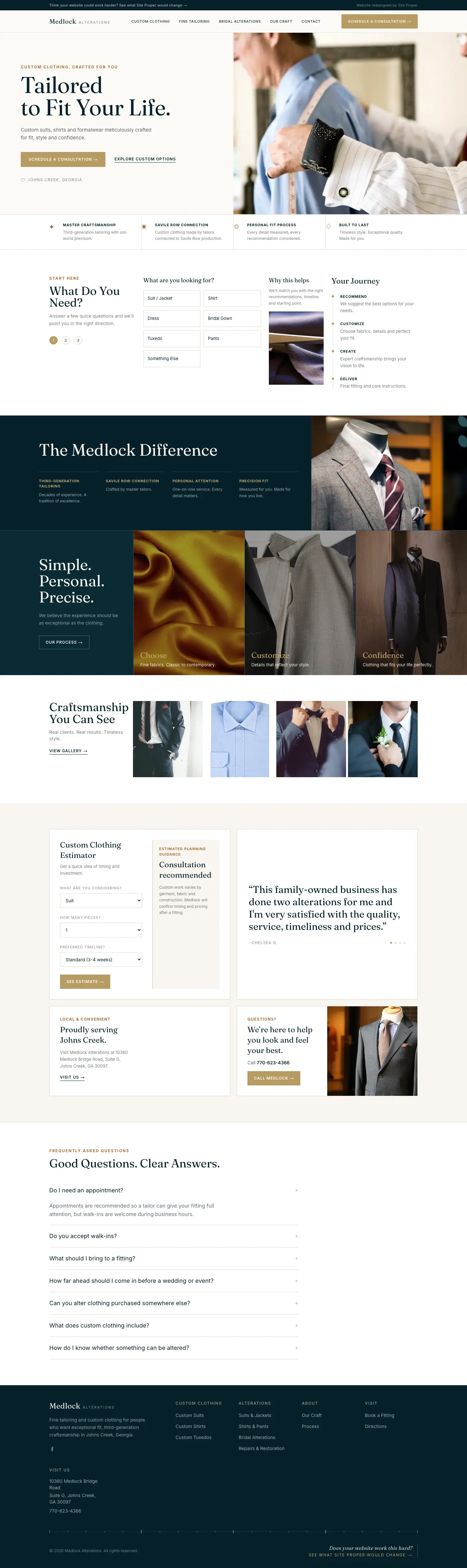 Site Proper's concept redesign of Medlock Alterations, desktop homepage