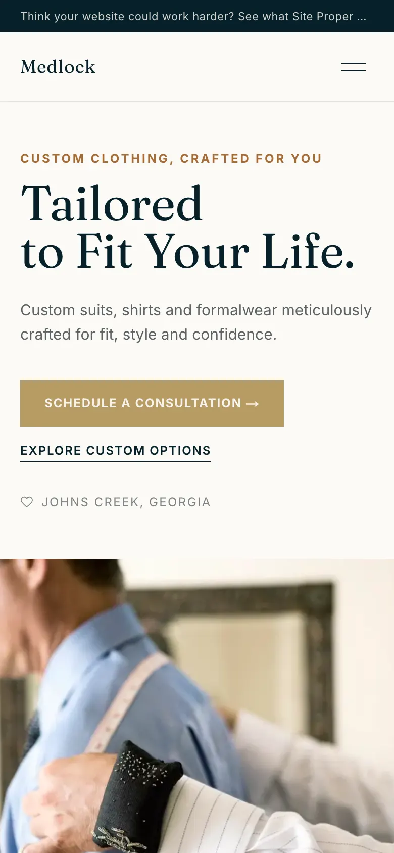The Medlock Alterations concept redesign on a phone, with the headline and Schedule a Consultation button in the first screen