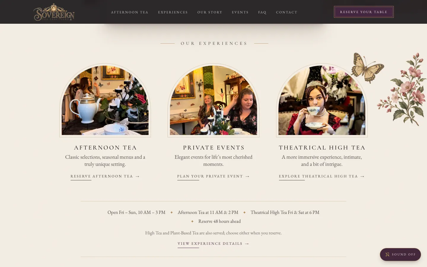 The Sovereign experiences section with arched photos for Afternoon Tea, Private Events, and Theatrical High Tea, followed by hours and seating times