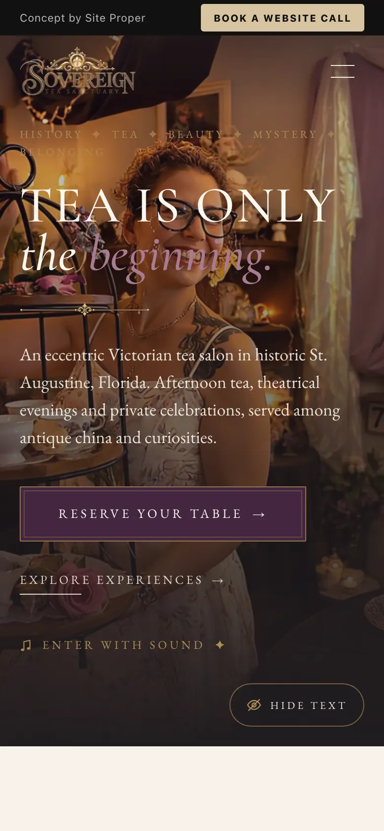 Sovereign Tea Sanctuary homepage on a phone, with the headline and Reserve Your Table button in the first screen